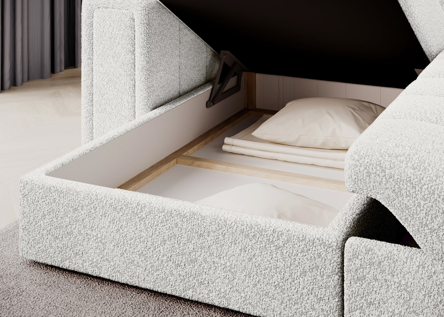 Otwarty pojemnik na pościel w narożnej sofie Royal 01 biały – funkcjonalne wnętrze z podnośnikiem i miejscem na poduszki.