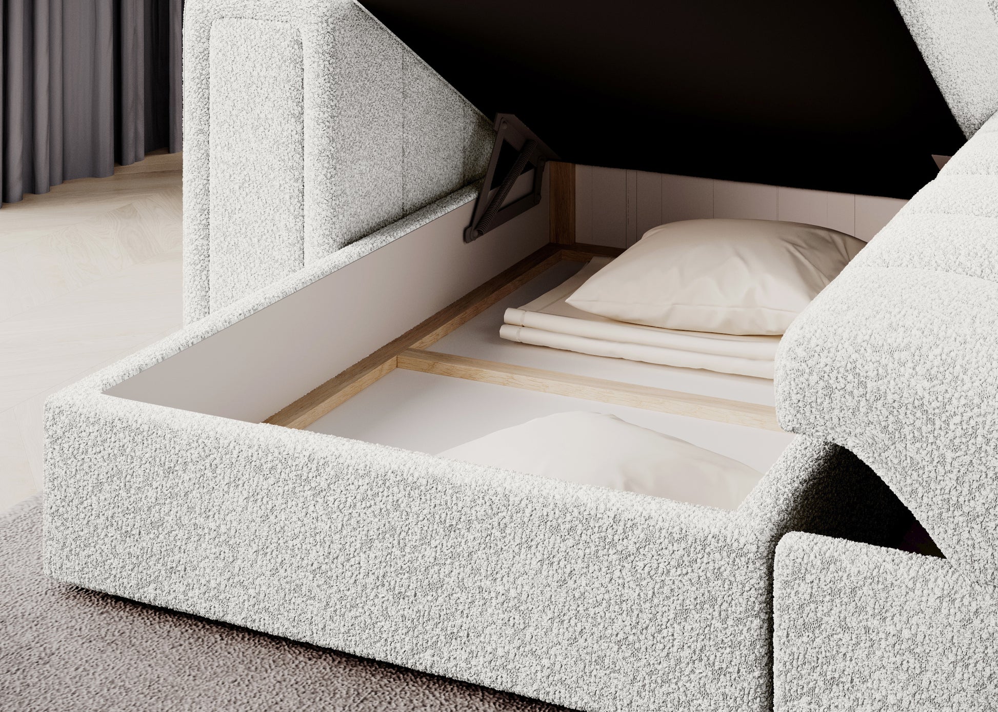 Otwarty pojemnik na pościel w narożnej sofie Royal 01 biały – funkcjonalne wnętrze z podnośnikiem i miejscem na poduszki.