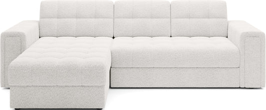 Biała sofa narożna w tkaninie bouclé Royal 01, nowoczesne pikowane siedzisko z funkcją spania i pojemnikiem na pościel.