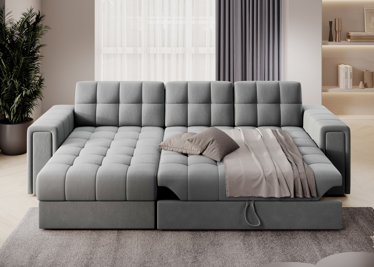 Rozłożona szara sofa narożna z funkcją spania i pojemnikiem, pikowane siedzisko z poduszkami i narzutą w nowoczesnym salonie.
