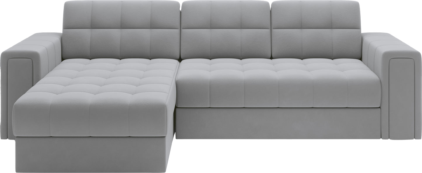 Szara sofa narożna z pikowanym siedziskiem i oparciem, nowoczesny design z funkcją spania i pojemnikiem na pościel