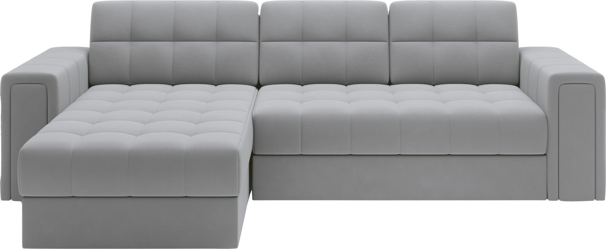 Szara sofa narożna z pikowanym siedziskiem i oparciem, nowoczesny design z funkcją spania i pojemnikiem na pościel