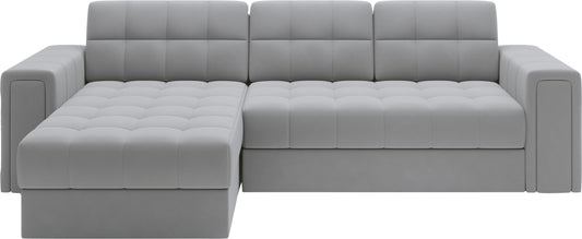 Szara sofa narożna z pikowanym siedziskiem i oparciem, nowoczesny design z funkcją spania i pojemnikiem na pościel