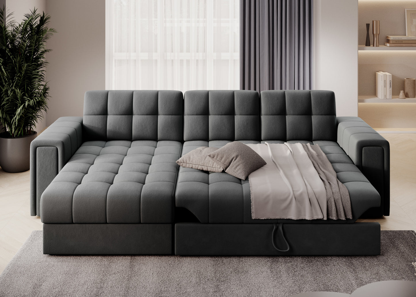 Rozłożona sofa narożna w tkaninie Sola 06 szary – funkcja spania, pojemnik i dekoracyjna narzuta w eleganckim, nowoczesnym salonie.