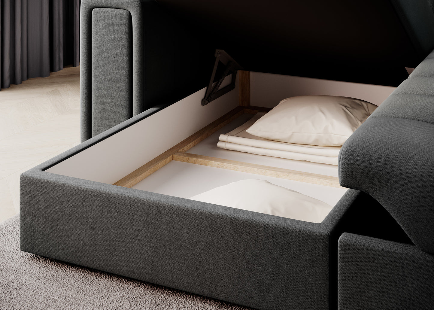 Otwarty pojemnik na pościel w sofie narożnej Sola 06 szary – funkcjonalne wnętrze z podnośnikiem i miejscem na poduszki i koce.