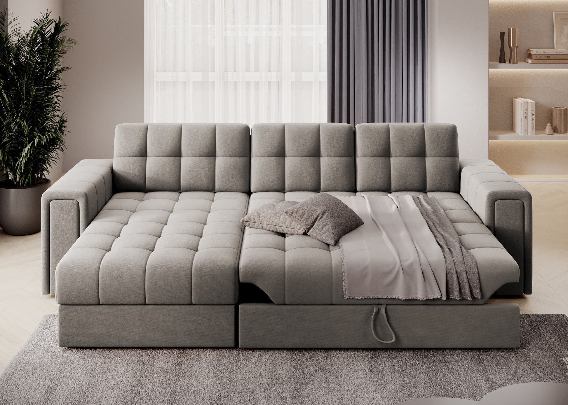 Rozłożona sofa narożna w tkaninie Sola 18 beżowy – funkcja spania, pojemnik na pościel i dekoracyjna narzuta w eleganckim salonie.