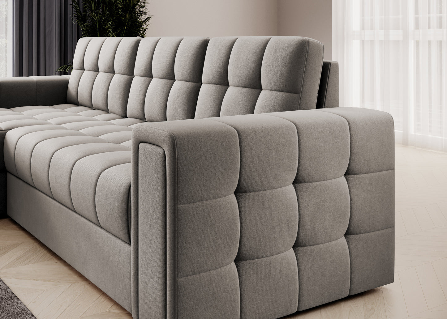 Bok i oparcie sofy narożnej w tkaninie Sola 18 beżowy – pikowana tapicerka i elegancka forma do jasnego, nowoczesnego wnętrza.