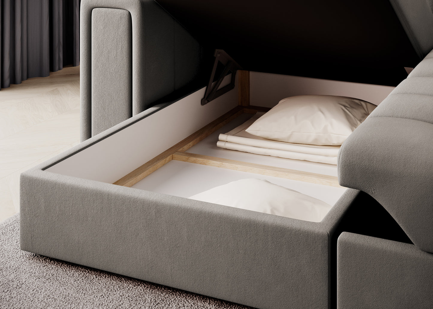 Pojemnik na pościel w sofie narożnej Sola 18 beżowy – funkcjonalne wnętrze z podnośnikiem, idealne na poduszki i koce.