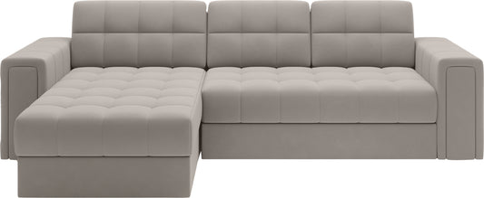 Sofa narożna w tkaninie Sola 18 beżowy z pikowanym siedziskiem i oparciem – model z funkcją spania i pojemnikiem na pościel.