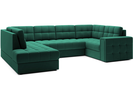 Narożnik Blewett Lukso 35 zielony ustawiony na skos, prezentowany na białym tle. Nowoczesny design i eleganckie pikowanie.