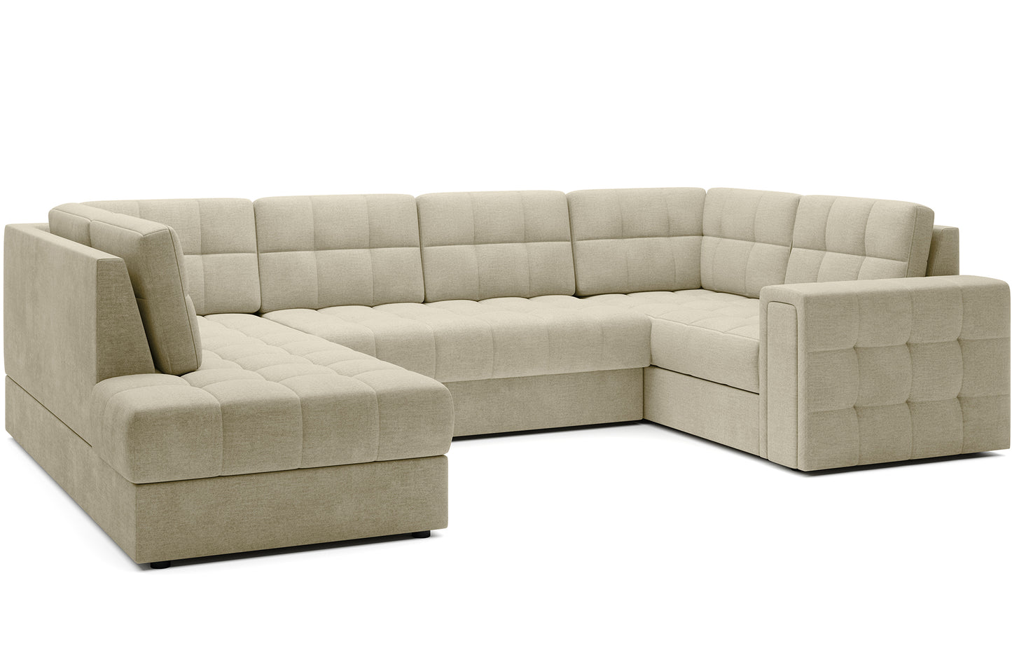 Narożnik Blewett Monolith 04 jasnobeżowy ustawiony na skos, prezentowany na białym tle. Nowoczesny design i eleganckie pikowanie.