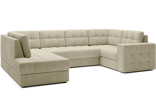 Narożnik Blewett Monolith 04 jasnobeżowy ustawiony na skos, prezentowany na białym tle. Nowoczesny design i eleganckie pikowanie.