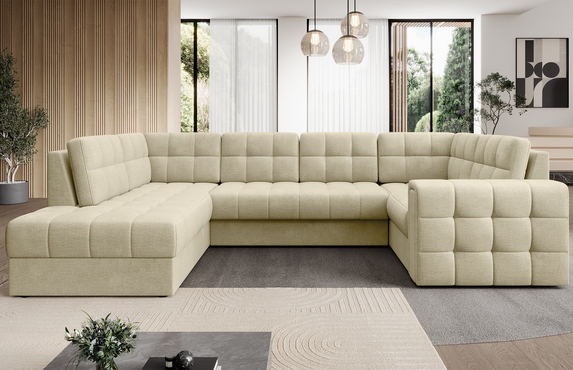 Narożnik w wersji prawej Blewett Monolith 04 jasnobeżowy w eleganckim salonie. Stylowy design, komfort i pikowana tapicerka w nowoczesnym, przytulnym wnętrzu.