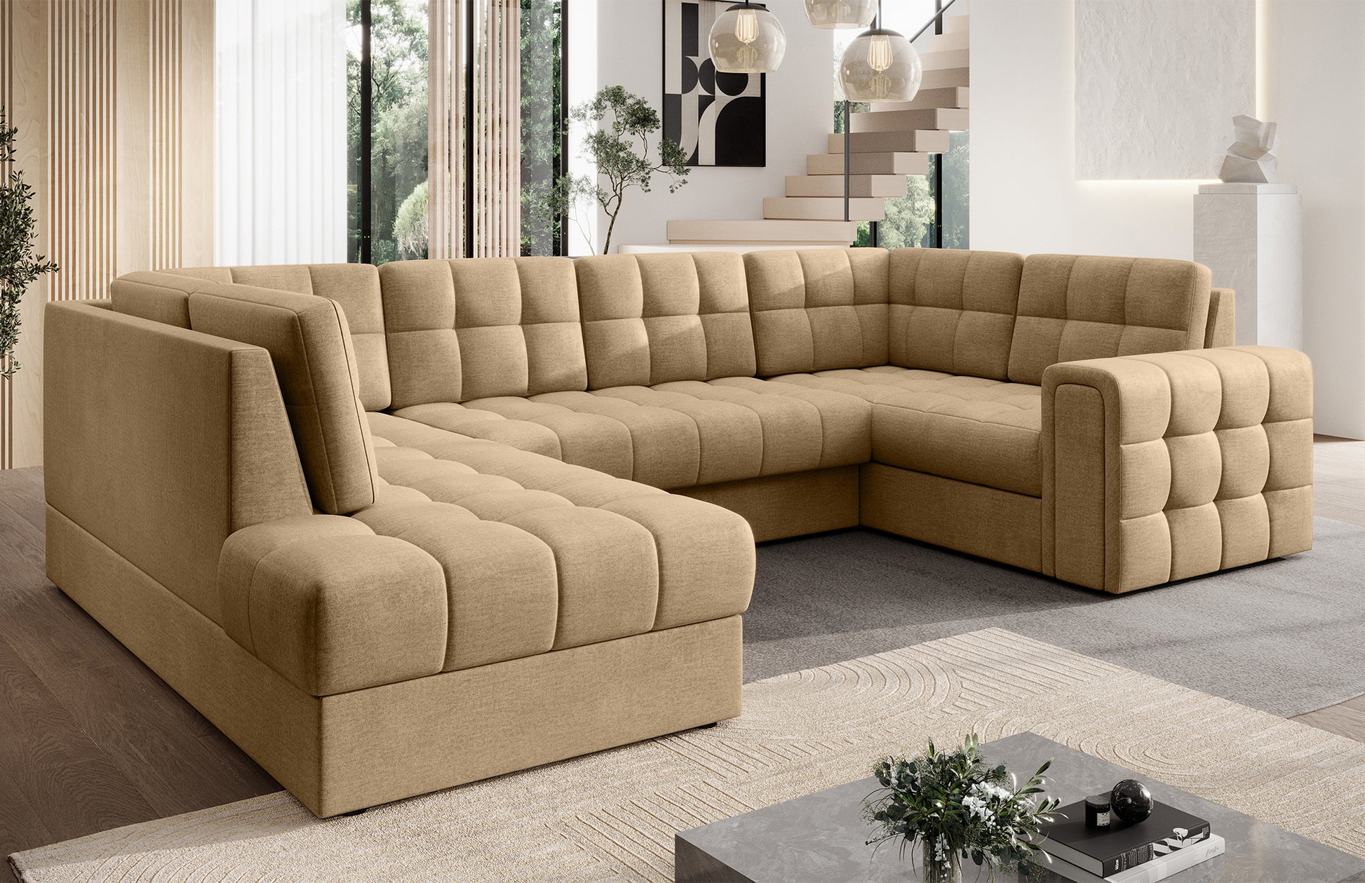 Narożnik Blewett jasnobrązowy z pikowaną tapicerką w eleganckim salonie. Komfort, nowoczesny design i funkcjonalność w modnym wnętrzu.