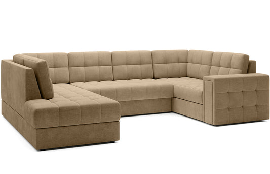 Narożnik Blewett jasnobrązowy z eleganckim pikowaniem, narożna sofa modułowa do salonu. Idealny wybór do relaksu i codziennego wypoczynku.
