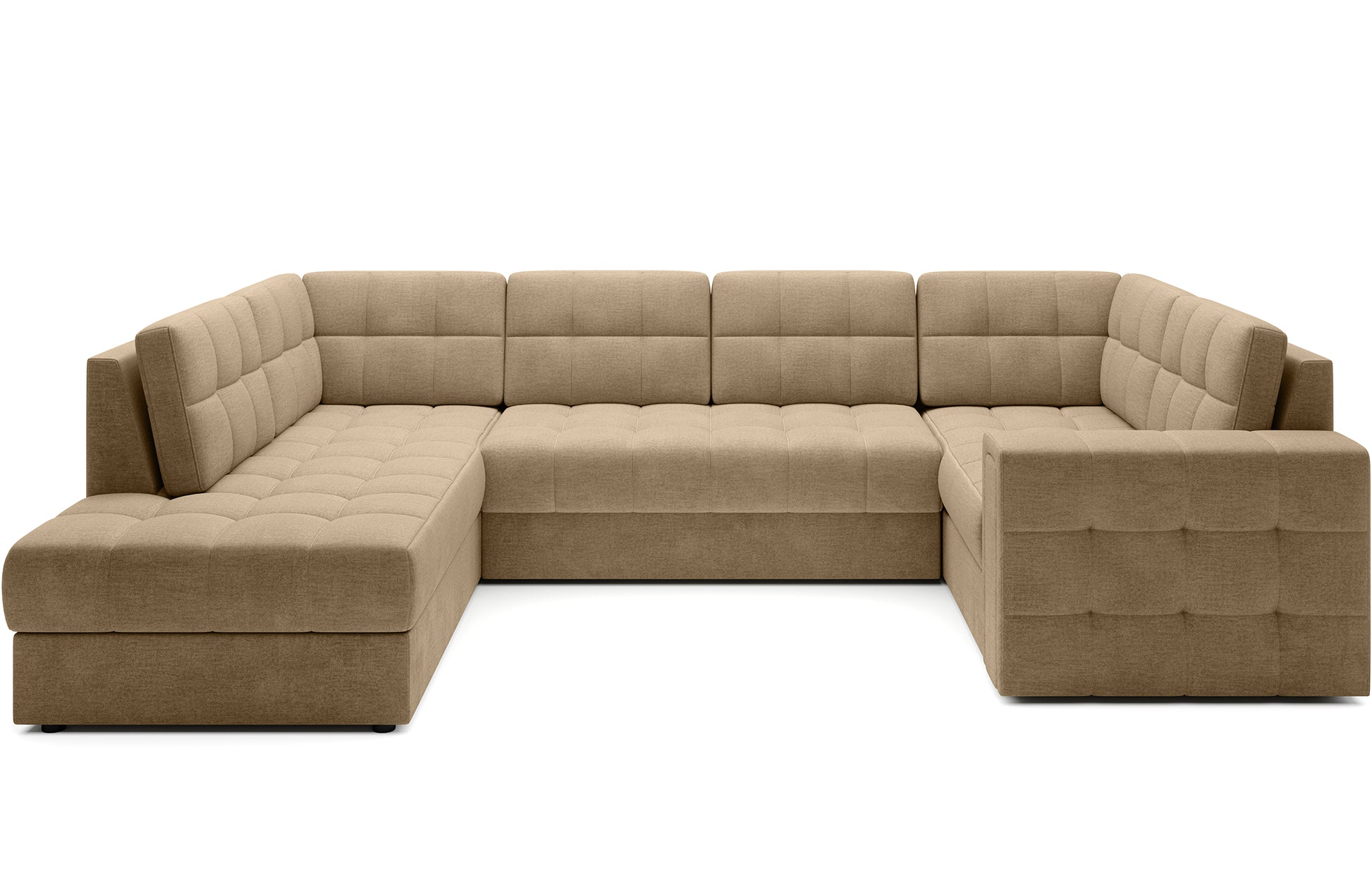 Narożnik Blewett jasnobrązowy z pikowaną tapicerką, modułowa sofa narożna z szerokim siedziskiem, prezentowana na białym tle, idealna do salonu.