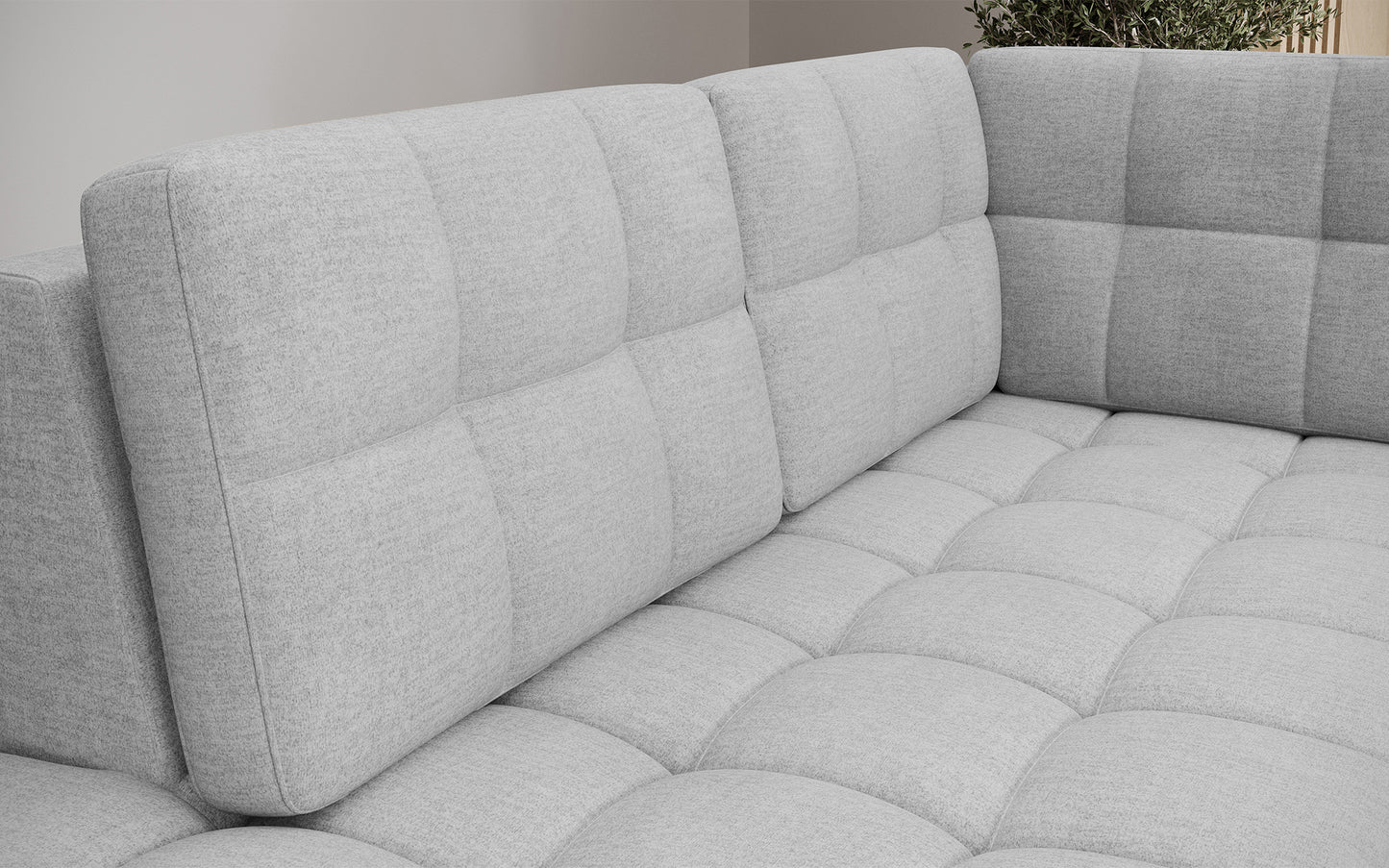 Oparcie narożnika Blewett Monolith 84 jasnoszary z eleganckim pikowaniem. Komfortowe i stylowe wykończenie do salonu.