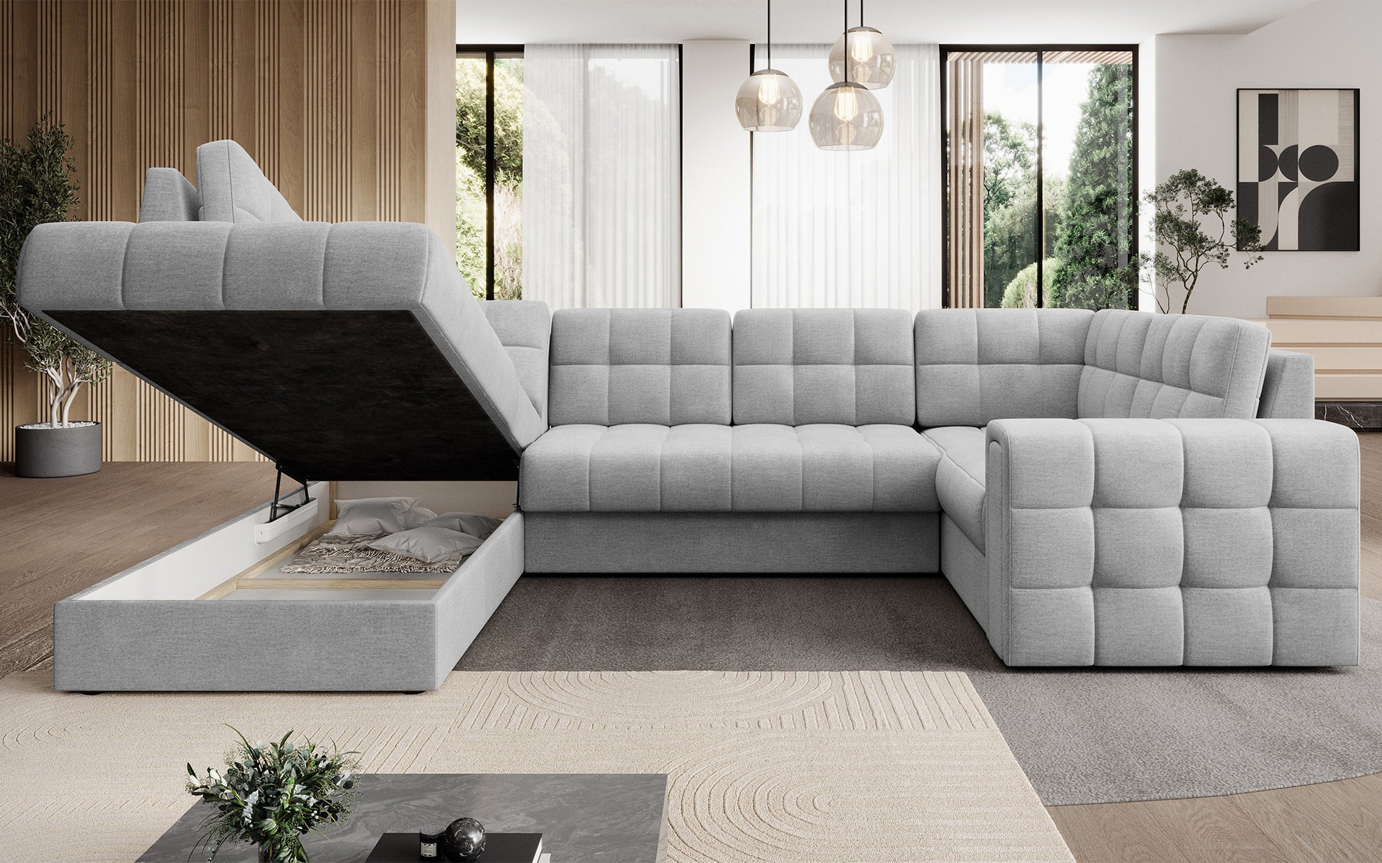 Narożnik Blewett Monolith 84 jasnoszary z otwartym pojemnikiem na pościel. Praktyczne rozwiązanie do przechowywania w eleganckim wnętrzu.