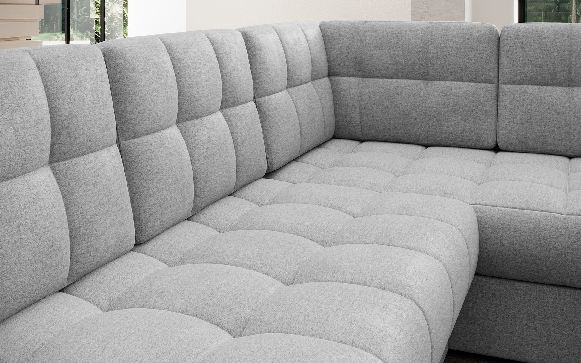 Pikowane siedzisko narożnika Blewett Monolith 84 jasnoszary. Komfortowy i estetyczny detal w modnym stylu wypoczynkowym.