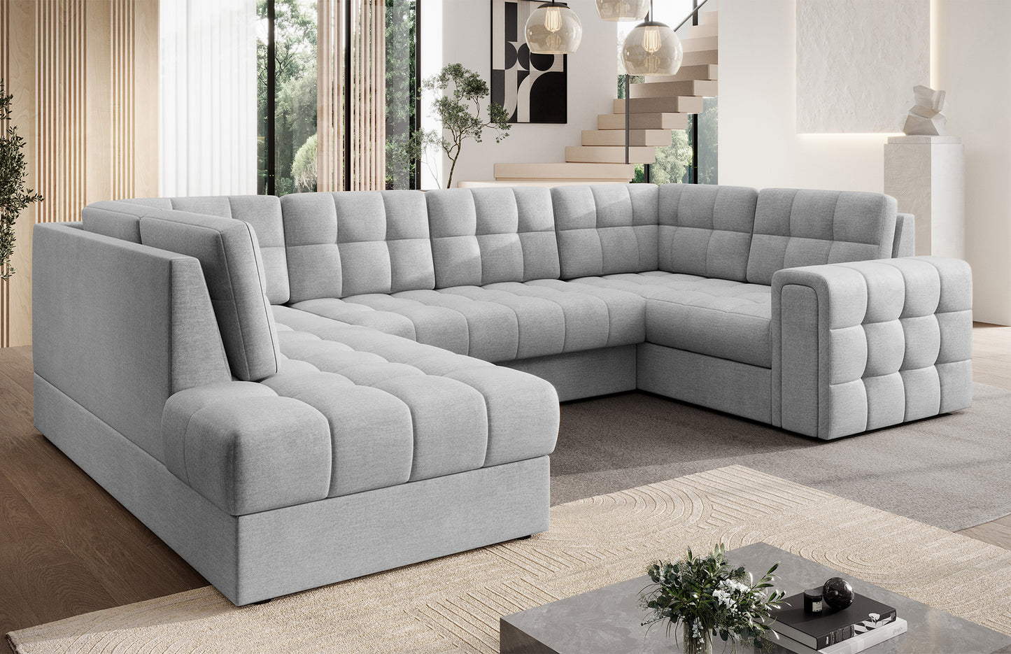 Narożnik Blewett Monolith 84 jasnoszary w eleganckim salonie. Stylowy design, komfort i pikowana tapicerka w nowoczesnym, przytulnym wnętrzu.