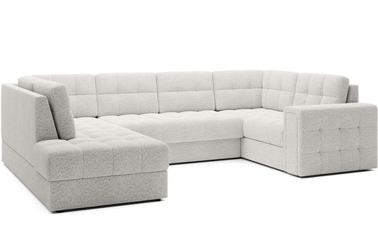 Narożnik Blewett Royal 01 biały ustawiony na skos, prezentowany na białym tle. Nowoczesny design i eleganckie pikowanie.
