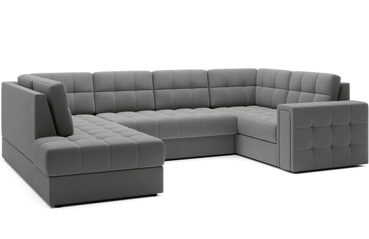 Narożnik Blewett Sola 04 jasnoszary ustawiony na skos, prezentowany na białym tle. Nowoczesny design i eleganckie pikowanie.