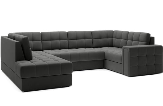 Narożnik Blewett Sola 06 szary ustawiony na skos, prezentowany na białym tle. Nowoczesny design i eleganckie pikowanie.