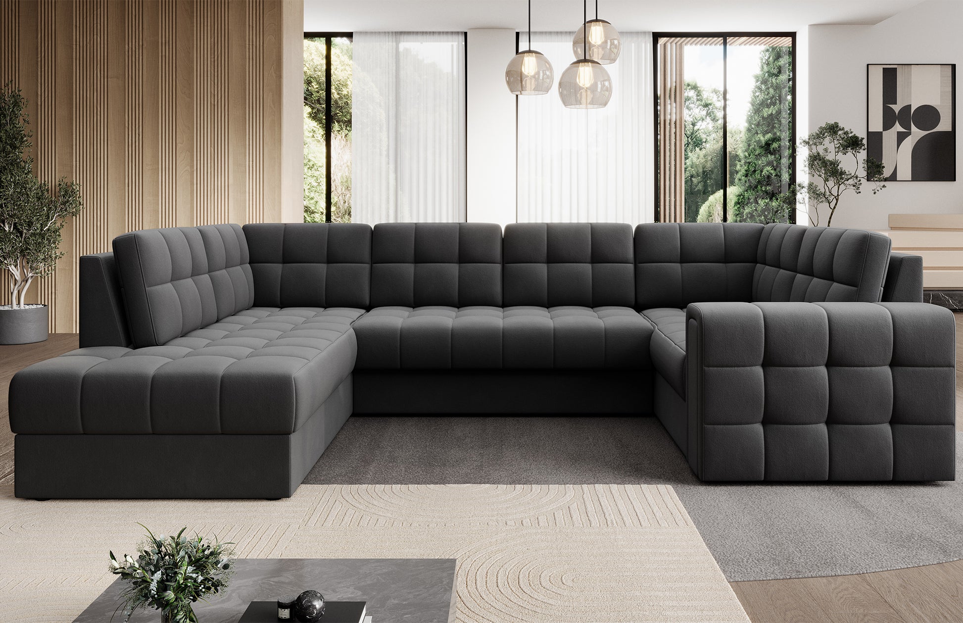 Narożnik Blewett Sola 06 szary w eleganckim salonie. Stylowy design, komfort i pikowana tapicerka w nowoczesnym, przytulnym wnętrzu.