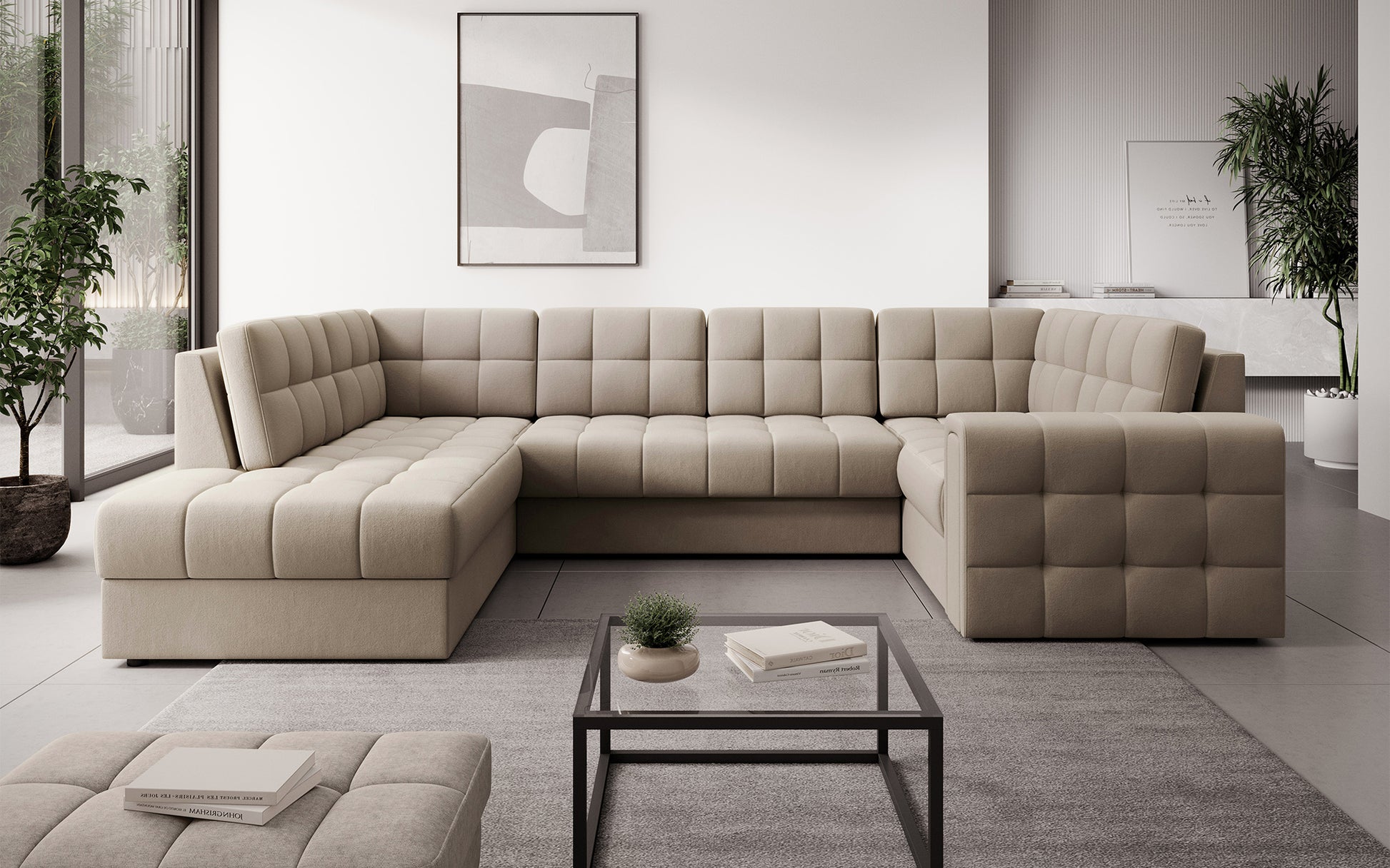 Narożnik Blewett Sola 18 beżowy w eleganckim salonie. Stylowy design, komfort i pikowana tapicerka w nowoczesnym, przytulnym wnętrzu.