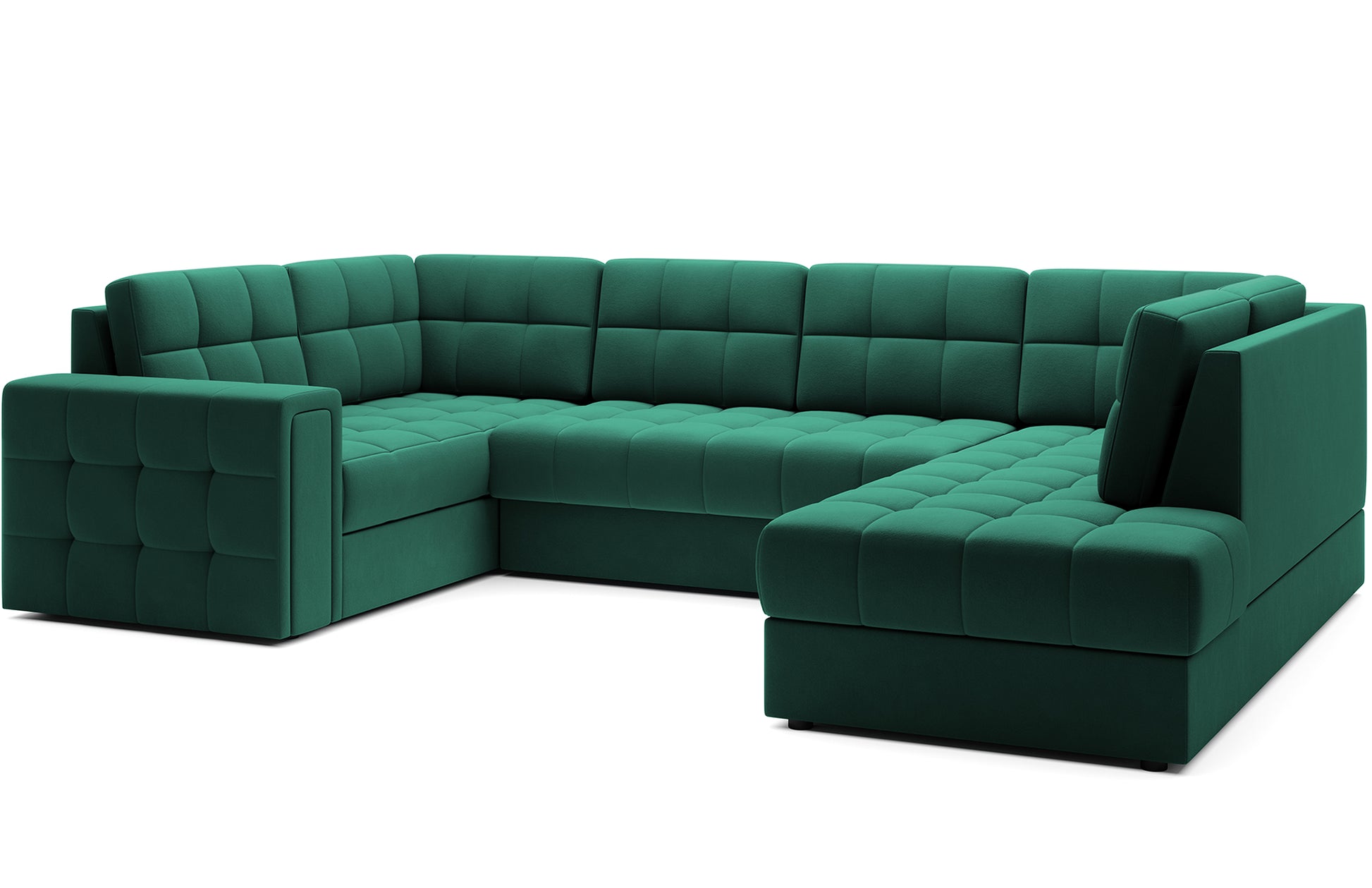 Narożnik w wersji prawej Blewett Lukso 35 zielony ustawiony na skos, prezentowany na białym tle. Nowoczesny design i eleganckie pikowanie.