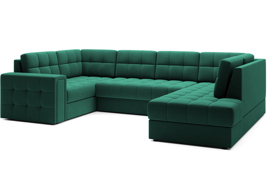 Narożnik w wersji prawej Blewett Lukso 35 zielony ustawiony na skos, prezentowany na białym tle. Nowoczesny design i eleganckie pikowanie.