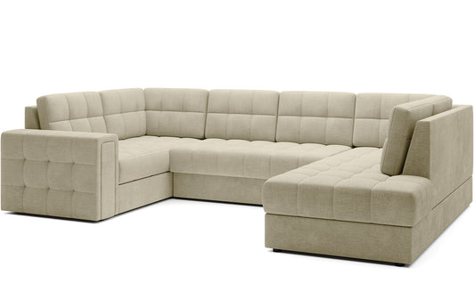 Narożnik w wersji prawej Blewett Monolith 04 jasnobeżowy ustawiony na skos, prezentowany na białym tle. Nowoczesny design i eleganckie pikowanie.