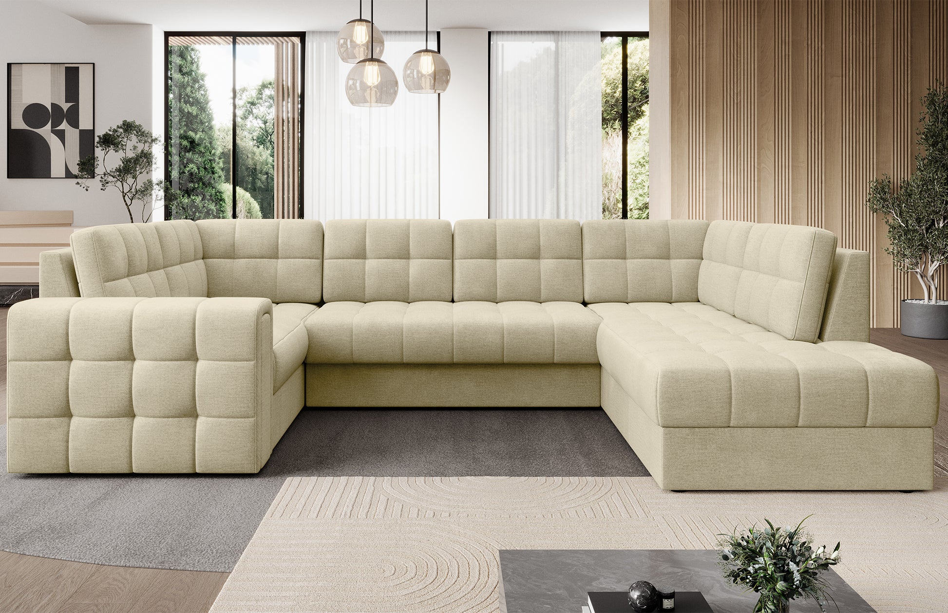 Narożnik w wersji prawej Blewett Monolith 04 jasnobeżowy w eleganckim salonie. Stylowy design, komfort i pikowana tapicerka w nowoczesnym, przytulnym wnętrzu.