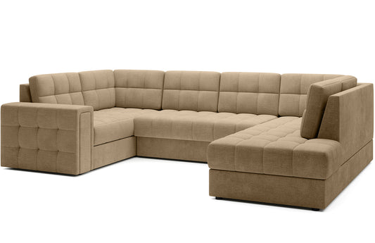 Narożnik Blewett Monolith 09 jasnobrązowy ustawiony na skos, prezentowany na białym tle. Nowoczesny design, komfortowe siedzisko i eleganckie pikowanie.