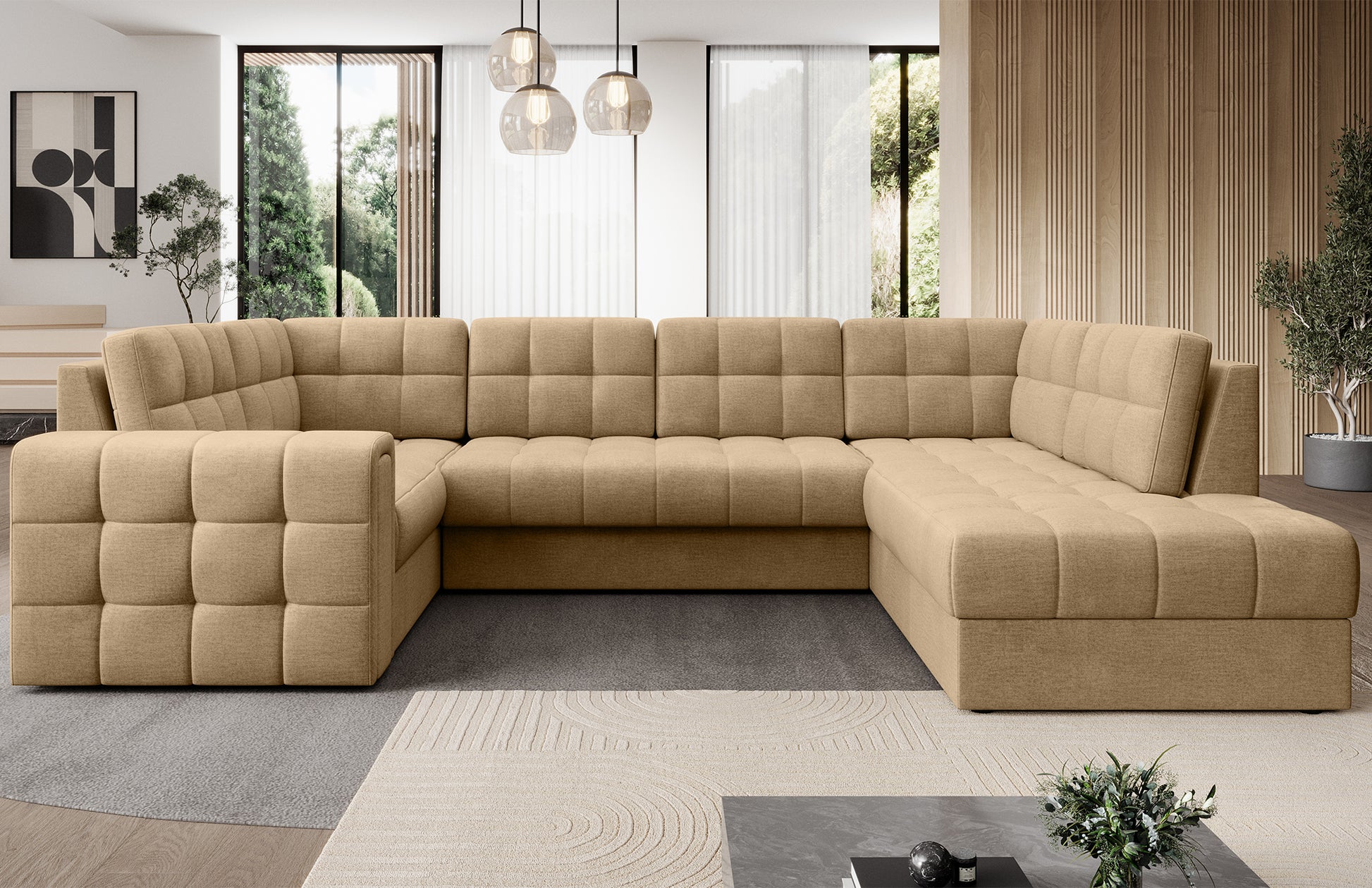 Narożnik w wersji prawej Blewett Monolith 09 jasnobrązowy w eleganckim salonie. Stylowy design, komfort i pikowana tapicerka w nowoczesnym, przytulnym wnętrzu.