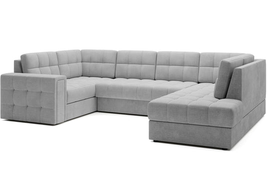 Narożnik Blewett Monolith 84 jasnoszary ustawiony na skos, prezentowany na białym tle. Nowoczesny design i eleganckie pikowanie.