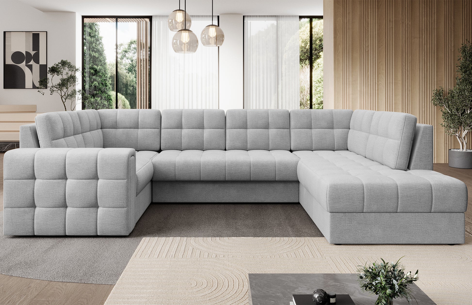 Narożnik w wersji prawej Blewett Monolith 84 jasnoszary w eleganckim salonie. Stylowy design, komfort i pikowana tapicerka w nowoczesnym, przytulnym wnętrzu.