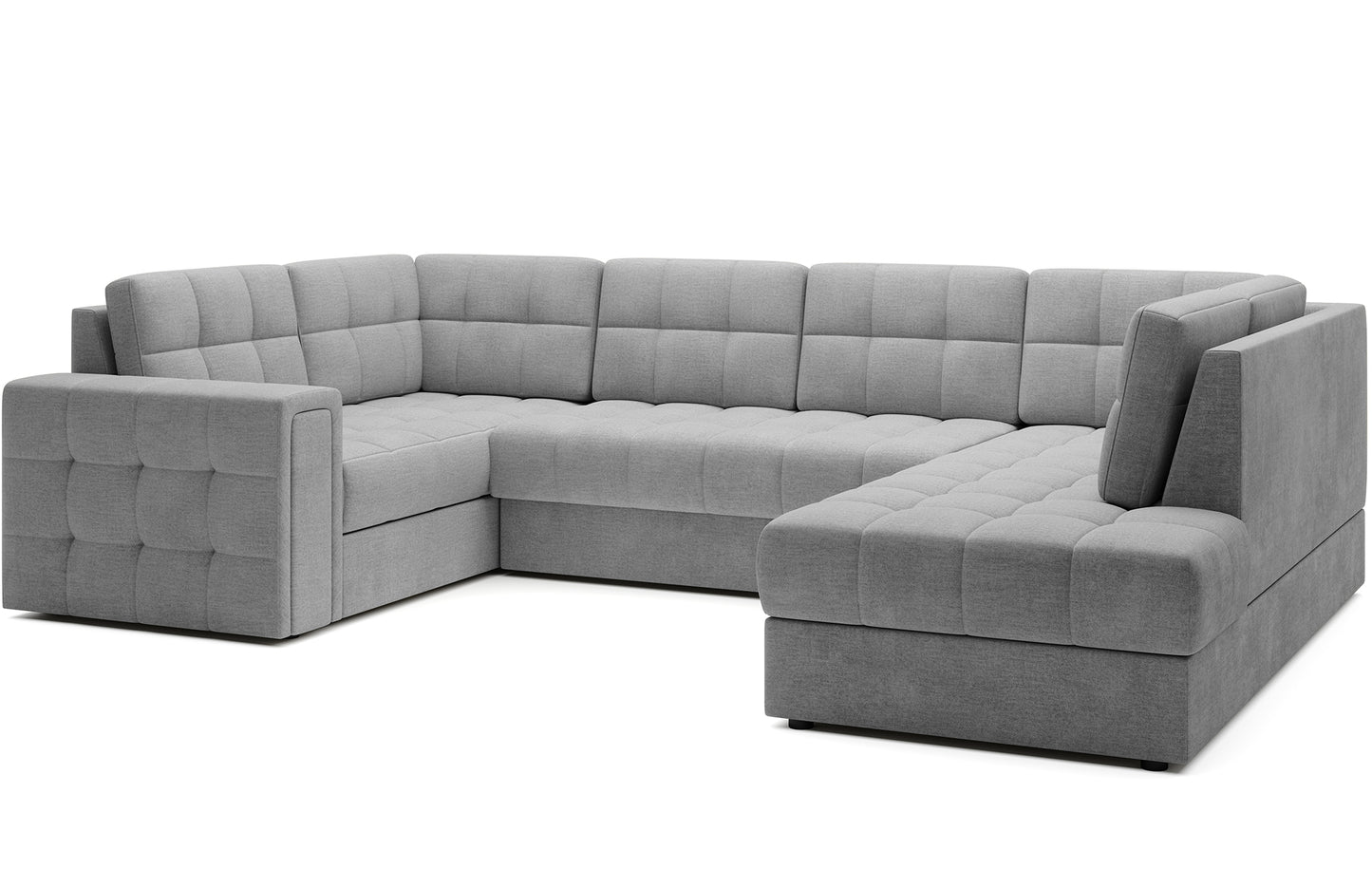 Narożnik w wersji prawej Blewett Monolith 85 szary ustawiony na skos, prezentowany na białym tle. Nowoczesny design i eleganckie pikowanie.