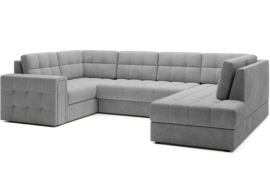 Narożnik w wersji prawej Blewett Monolith 85 szary ustawiony na skos, prezentowany na białym tle. Nowoczesny design i eleganckie pikowanie.