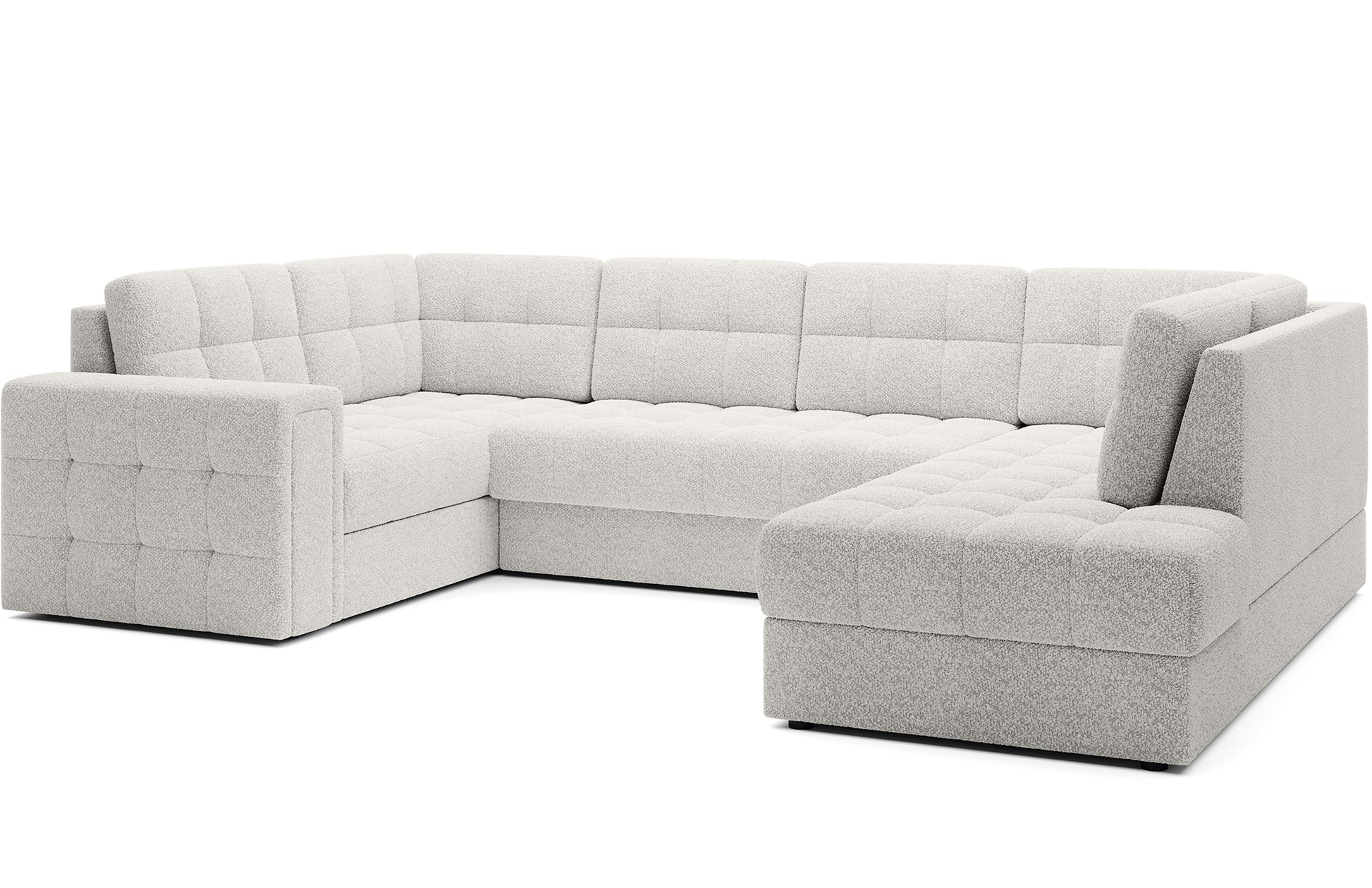 Narożnik w wersji prawej Blewett Royal 01 biały ustawiony na skos, prezentowany na białym tle. Nowoczesny design i eleganckie pikowanie.