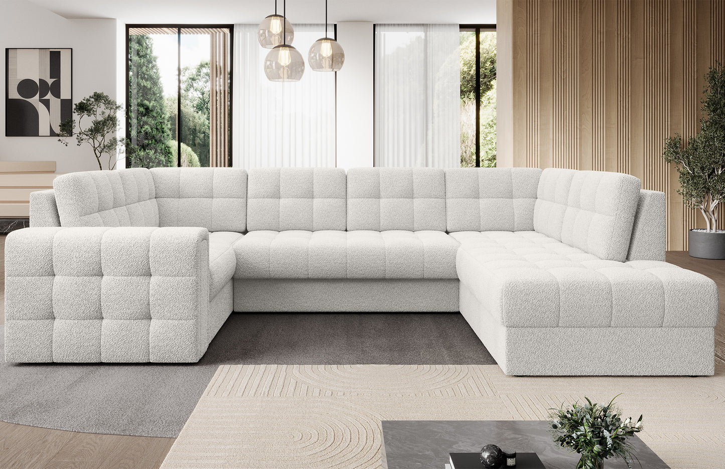Narożnik w wersji prawej Blewett Royal 01 biały w eleganckim salonie. Stylowy design, komfort i pikowana tapicerka w nowoczesnym, przytulnym wnętrzu.