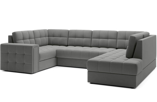Narożnik w wersji prawej Blewett Sola 04 jasnoszary ustawiony na skos, prezentowany na białym tle. Nowoczesny design i eleganckie pikowanie.