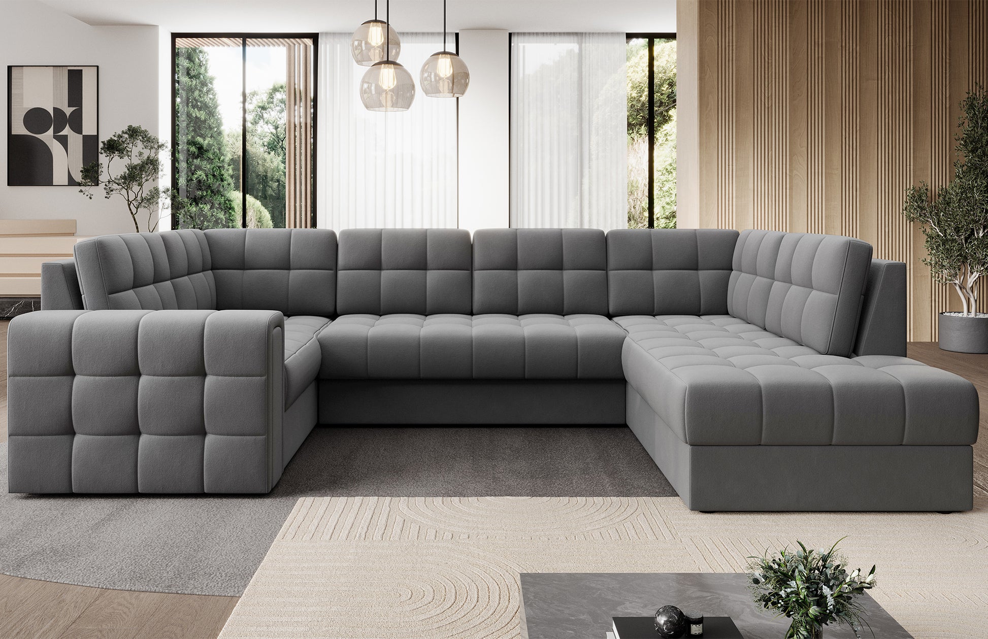 Narożnik w wersji prawej Blewett Sola 04 jasnoszary w eleganckim salonie. Stylowy design, komfort i pikowana tapicerka w nowoczesnym, przytulnym wnętrzu.