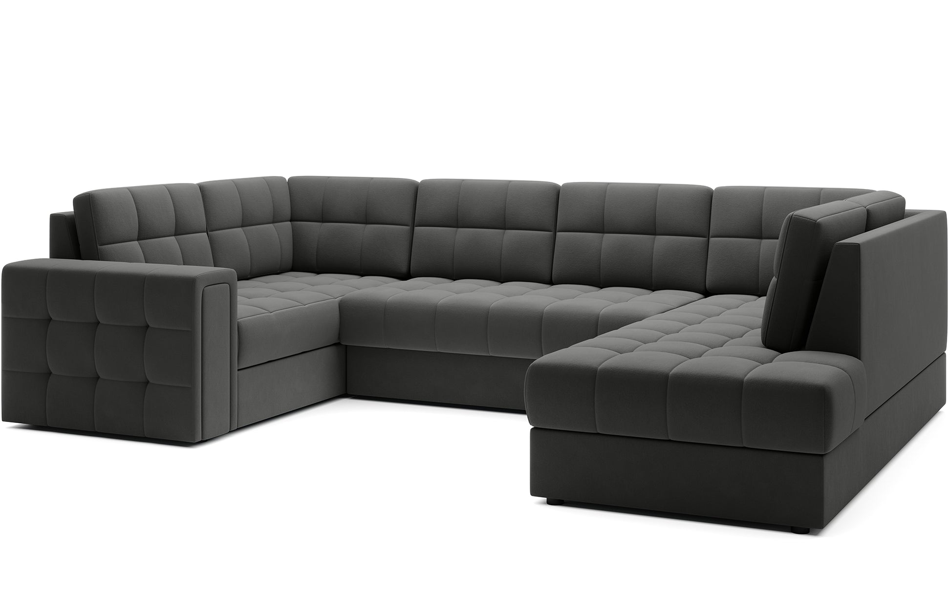 Narożnik w wersji prawej Blewett Sola 06 szary ustawiony na skos, prezentowany na białym tle. Nowoczesny design i eleganckie pikowanie.
