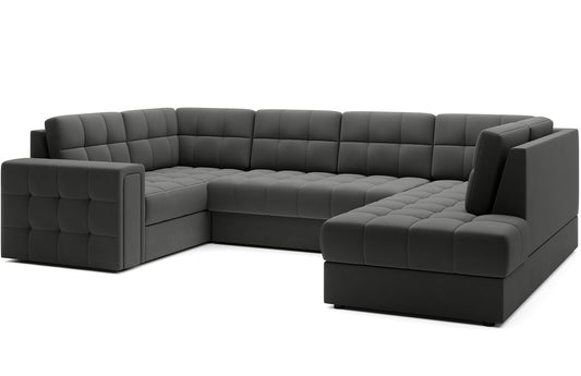 Narożnik w wersji prawej Blewett Sola 06 szary ustawiony na skos, prezentowany na białym tle. Nowoczesny design i eleganckie pikowanie.