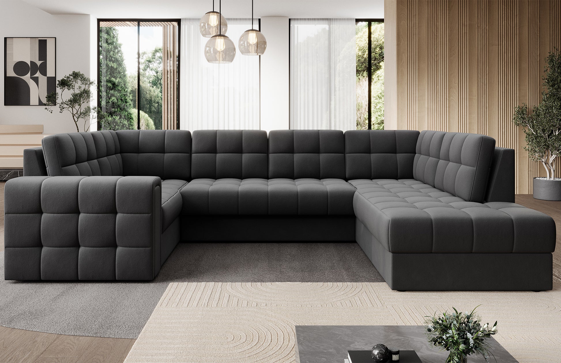 Narożnik Blewett Sola 06 szary w eleganckim salonie. Stylowy design, komfort i pikowana tapicerka w nowoczesnym, przytulnym wnętrzu.