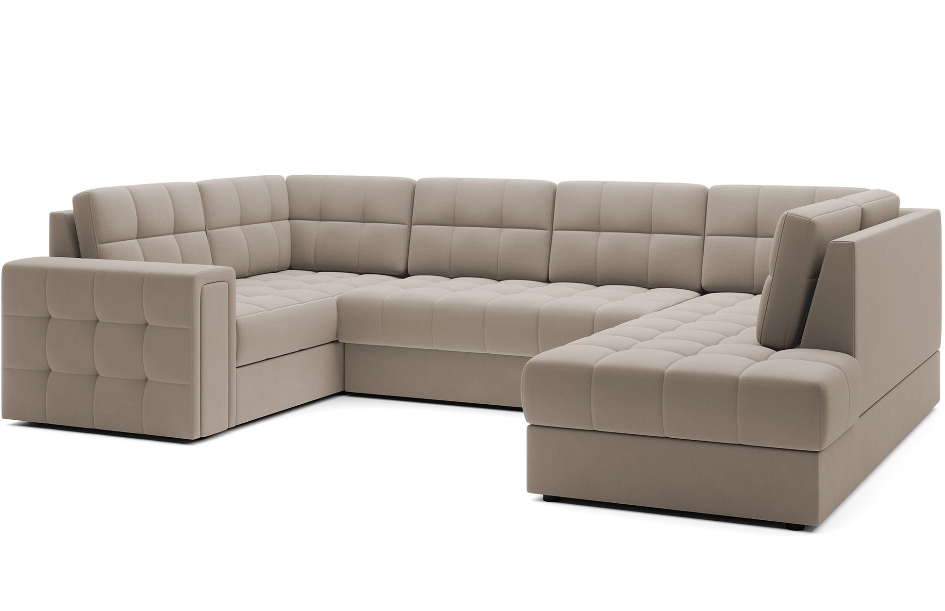 Narożnik w wersji prawej Blewett Sola 18 beżowy ustawiony na skos, prezentowany na białym tle. Nowoczesny design i eleganckie pikowanie.