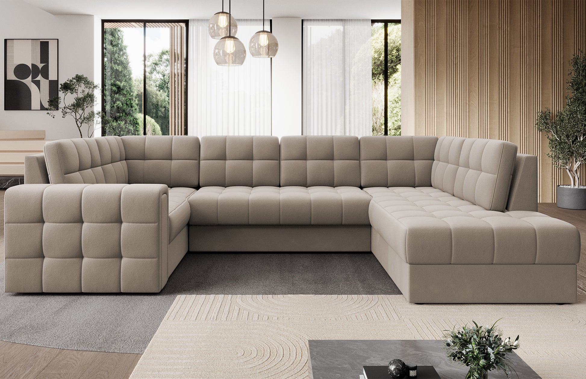 Narożnik w wersji prawej Blewett Sola 18 beżowy w eleganckim salonie. Stylowy design, komfort i pikowana tapicerka w nowoczesnym, przytulnym wnętrzu.