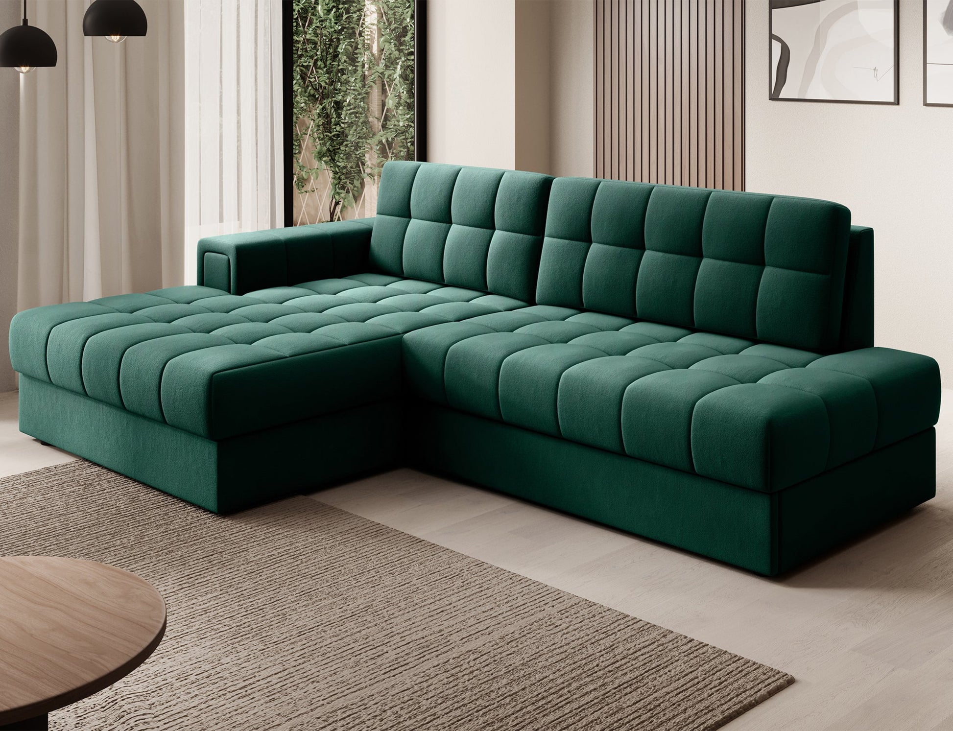 Zielony narożnik Blezalt lewy, tkanina Lukso 35, widok z przodu i boku – elegancka forma, subtelne pikowania, stylowy salon.