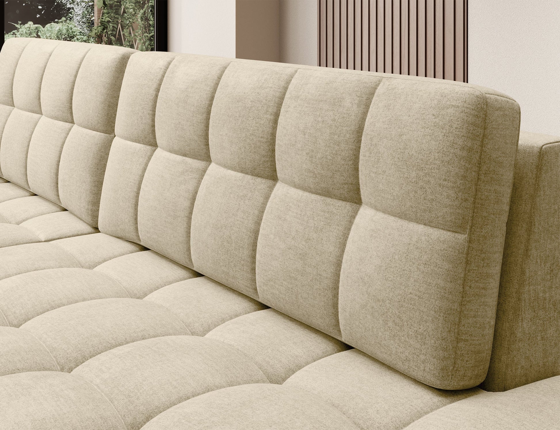 Miękkie, pikowane oparcie narożnika Blezalt w jasnobeżowej tkaninie Monolith 04 – nowoczesny design i komfort do salonu.